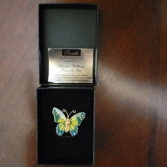 Ronté Genuine Goldtone Butterfly Pin With Vibrant Green & Yellow Enamel Finish I - Picture 2 of 5